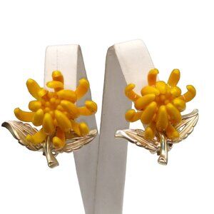 Vintage 3D Floral Enamel Earrings, Clip On Chrysanthemum Blooms, Yellow Flowers